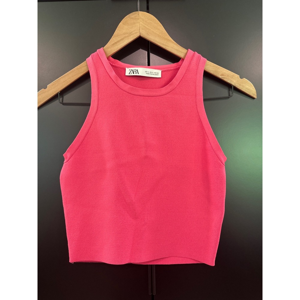 Zara Pink Ribbed‎ Knit Halter Tank Top Fuchsia Crop Top Small